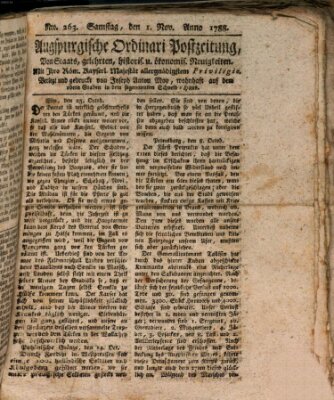 Augsburgische Ordinari Postzeitung von Staats-, gelehrten, historisch- u. ökonomischen Neuigkeiten (Augsburger Postzeitung) Samstag 1. November 1788