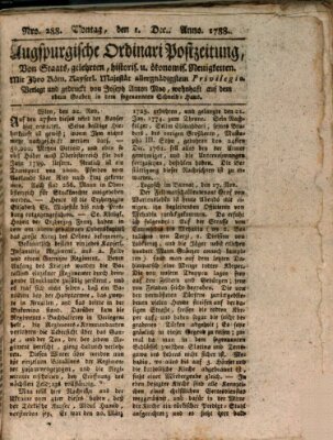 Augsburgische Ordinari Postzeitung von Staats-, gelehrten, historisch- u. ökonomischen Neuigkeiten (Augsburger Postzeitung) Montag 1. Dezember 1788