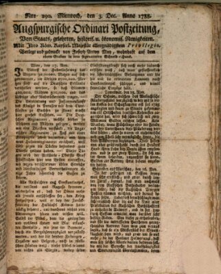 Augsburgische Ordinari Postzeitung von Staats-, gelehrten, historisch- u. ökonomischen Neuigkeiten (Augsburger Postzeitung) Mittwoch 3. Dezember 1788