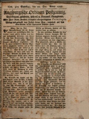 Augsburgische Ordinari Postzeitung von Staats-, gelehrten, historisch- u. ökonomischen Neuigkeiten (Augsburger Postzeitung) Samstag 20. Dezember 1788