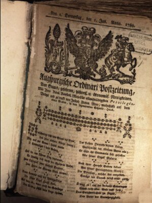 Augsburgische Ordinari Postzeitung von Staats-, gelehrten, historisch- u. ökonomischen Neuigkeiten (Augsburger Postzeitung) Donnerstag 1. Januar 1789