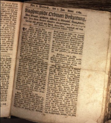 Augsburgische Ordinari Postzeitung von Staats-, gelehrten, historisch- u. ökonomischen Neuigkeiten (Augsburger Postzeitung) Mittwoch 7. Januar 1789