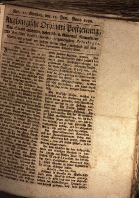 Augsburgische Ordinari Postzeitung von Staats-, gelehrten, historisch- u. ökonomischen Neuigkeiten (Augsburger Postzeitung) Dienstag 13. Januar 1789