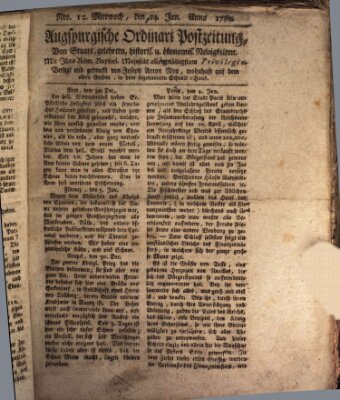 Augsburgische Ordinari Postzeitung von Staats-, gelehrten, historisch- u. ökonomischen Neuigkeiten (Augsburger Postzeitung) Mittwoch 14. Januar 1789