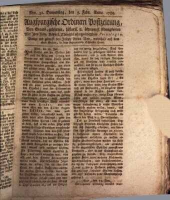 Augsburgische Ordinari Postzeitung von Staats-, gelehrten, historisch- u. ökonomischen Neuigkeiten (Augsburger Postzeitung) Donnerstag 5. Februar 1789