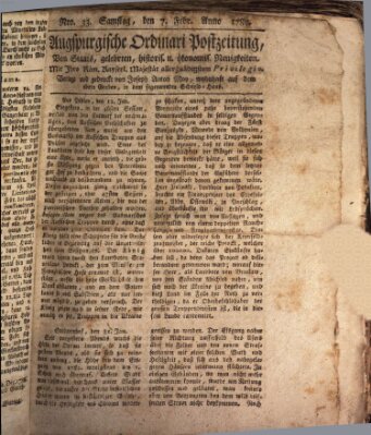 Augsburgische Ordinari Postzeitung von Staats-, gelehrten, historisch- u. ökonomischen Neuigkeiten (Augsburger Postzeitung) Samstag 7. Februar 1789