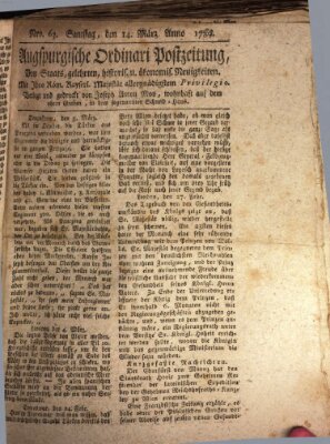 Augsburgische Ordinari Postzeitung von Staats-, gelehrten, historisch- u. ökonomischen Neuigkeiten (Augsburger Postzeitung) Samstag 14. März 1789