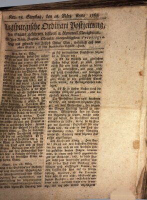 Augsburgische Ordinari Postzeitung von Staats-, gelehrten, historisch- u. ökonomischen Neuigkeiten (Augsburger Postzeitung) Samstag 28. März 1789