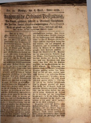 Augsburgische Ordinari Postzeitung von Staats-, gelehrten, historisch- u. ökonomischen Neuigkeiten (Augsburger Postzeitung) Montag 6. April 1789