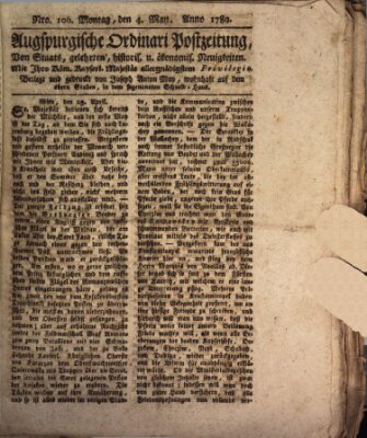 Augsburgische Ordinari Postzeitung von Staats-, gelehrten, historisch- u. ökonomischen Neuigkeiten (Augsburger Postzeitung) Montag 4. Mai 1789