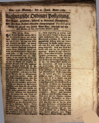 Augsburgische Ordinari Postzeitung von Staats-, gelehrten, historisch- u. ökonomischen Neuigkeiten (Augsburger Postzeitung) Montag 8. Juni 1789