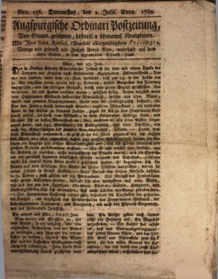 Augsburgische Ordinari Postzeitung von Staats-, gelehrten, historisch- u. ökonomischen Neuigkeiten (Augsburger Postzeitung) Donnerstag 2. Juli 1789