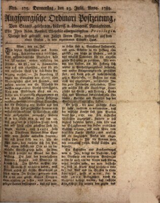 Augsburgische Ordinari Postzeitung von Staats-, gelehrten, historisch- u. ökonomischen Neuigkeiten (Augsburger Postzeitung) Donnerstag 23. Juli 1789