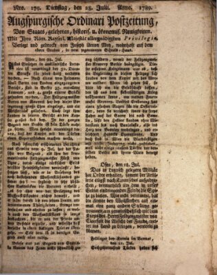 Augsburgische Ordinari Postzeitung von Staats-, gelehrten, historisch- u. ökonomischen Neuigkeiten (Augsburger Postzeitung) Dienstag 28. Juli 1789