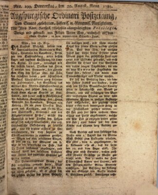 Augsburgische Ordinari Postzeitung von Staats-, gelehrten, historisch- u. ökonomischen Neuigkeiten (Augsburger Postzeitung) Donnerstag 20. August 1789