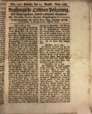 Augsburgische Ordinari Postzeitung von Staats-, gelehrten, historisch- u. ökonomischen Neuigkeiten (Augsburger Postzeitung) Freitag 21. August 1789