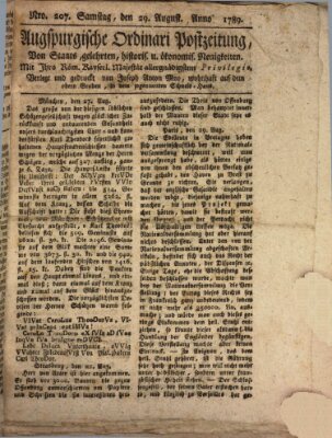 Augsburgische Ordinari Postzeitung von Staats-, gelehrten, historisch- u. ökonomischen Neuigkeiten (Augsburger Postzeitung) Samstag 29. August 1789