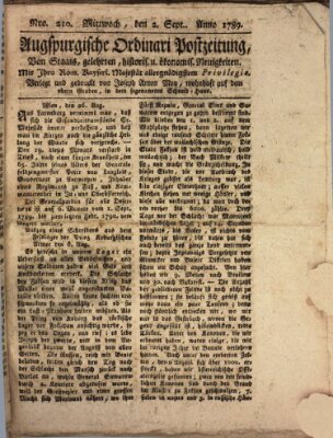 Augsburgische Ordinari Postzeitung von Staats-, gelehrten, historisch- u. ökonomischen Neuigkeiten (Augsburger Postzeitung) Mittwoch 2. September 1789