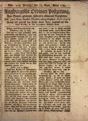 Augsburgische Ordinari Postzeitung von Staats-, gelehrten, historisch- u. ökonomischen Neuigkeiten (Augsburger Postzeitung) Freitag 11. September 1789