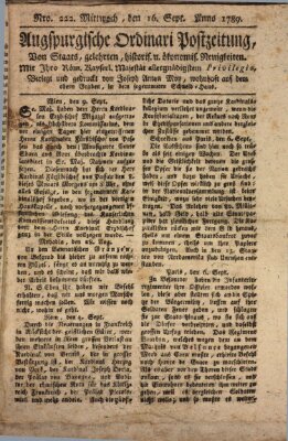 Augsburgische Ordinari Postzeitung von Staats-, gelehrten, historisch- u. ökonomischen Neuigkeiten (Augsburger Postzeitung) Mittwoch 16. September 1789