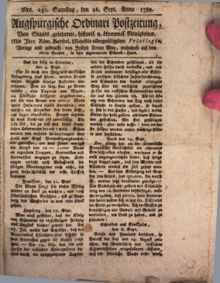 Augsburgische Ordinari Postzeitung von Staats-, gelehrten, historisch- u. ökonomischen Neuigkeiten (Augsburger Postzeitung) Samstag 26. September 1789