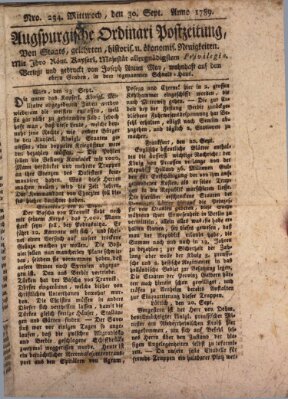 Augsburgische Ordinari Postzeitung von Staats-, gelehrten, historisch- u. ökonomischen Neuigkeiten (Augsburger Postzeitung) Mittwoch 30. September 1789