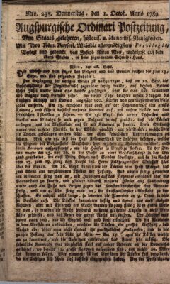 Augsburgische Ordinari Postzeitung von Staats-, gelehrten, historisch- u. ökonomischen Neuigkeiten (Augsburger Postzeitung) Donnerstag 1. Oktober 1789