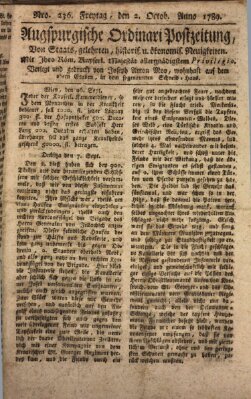 Augsburgische Ordinari Postzeitung von Staats-, gelehrten, historisch- u. ökonomischen Neuigkeiten (Augsburger Postzeitung) Freitag 2. Oktober 1789