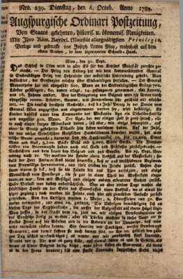 Augsburgische Ordinari Postzeitung von Staats-, gelehrten, historisch- u. ökonomischen Neuigkeiten (Augsburger Postzeitung) Dienstag 6. Oktober 1789