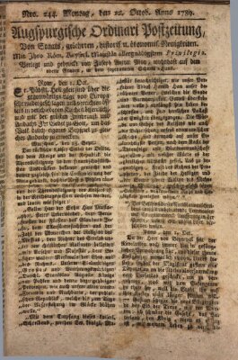 Augsburgische Ordinari Postzeitung von Staats-, gelehrten, historisch- u. ökonomischen Neuigkeiten (Augsburger Postzeitung) Montag 12. Oktober 1789