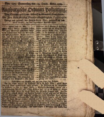 Augsburgische Ordinari Postzeitung von Staats-, gelehrten, historisch- u. ökonomischen Neuigkeiten (Augsburger Postzeitung) Donnerstag 15. Oktober 1789