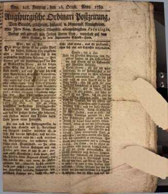 Augsburgische Ordinari Postzeitung von Staats-, gelehrten, historisch- u. ökonomischen Neuigkeiten (Augsburger Postzeitung) Freitag 16. Oktober 1789