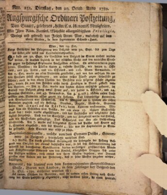 Augsburgische Ordinari Postzeitung von Staats-, gelehrten, historisch- u. ökonomischen Neuigkeiten (Augsburger Postzeitung) Dienstag 20. Oktober 1789