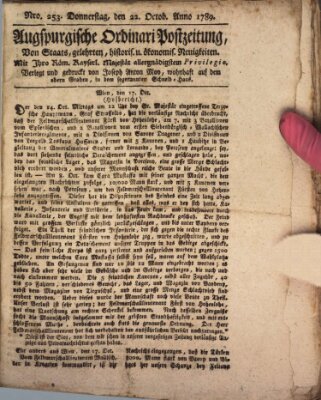 Augsburgische Ordinari Postzeitung von Staats-, gelehrten, historisch- u. ökonomischen Neuigkeiten (Augsburger Postzeitung) Donnerstag 22. Oktober 1789