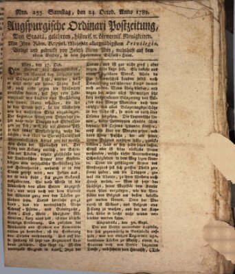 Augsburgische Ordinari Postzeitung von Staats-, gelehrten, historisch- u. ökonomischen Neuigkeiten (Augsburger Postzeitung) Samstag 24. Oktober 1789