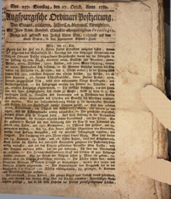 Augsburgische Ordinari Postzeitung von Staats-, gelehrten, historisch- u. ökonomischen Neuigkeiten (Augsburger Postzeitung) Dienstag 27. Oktober 1789