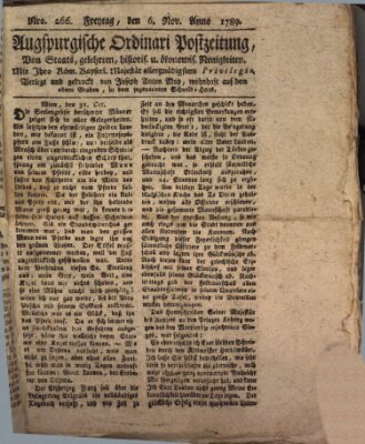 Augsburgische Ordinari Postzeitung von Staats-, gelehrten, historisch- u. ökonomischen Neuigkeiten (Augsburger Postzeitung) Freitag 6. November 1789