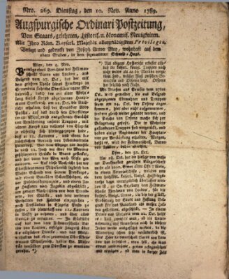 Augsburgische Ordinari Postzeitung von Staats-, gelehrten, historisch- u. ökonomischen Neuigkeiten (Augsburger Postzeitung) Dienstag 10. November 1789