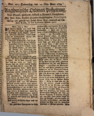 Augsburgische Ordinari Postzeitung von Staats-, gelehrten, historisch- u. ökonomischen Neuigkeiten (Augsburger Postzeitung) Donnerstag 12. November 1789