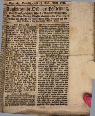 Augsburgische Ordinari Postzeitung von Staats-, gelehrten, historisch- u. ökonomischen Neuigkeiten (Augsburger Postzeitung) Samstag 28. November 1789