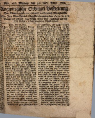 Augsburgische Ordinari Postzeitung von Staats-, gelehrten, historisch- u. ökonomischen Neuigkeiten (Augsburger Postzeitung) Montag 30. November 1789