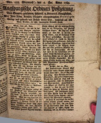 Augsburgische Ordinari Postzeitung von Staats-, gelehrten, historisch- u. ökonomischen Neuigkeiten (Augsburger Postzeitung) Mittwoch 2. Dezember 1789