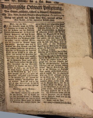 Augsburgische Ordinari Postzeitung von Staats-, gelehrten, historisch- u. ökonomischen Neuigkeiten (Augsburger Postzeitung) Freitag 4. Dezember 1789