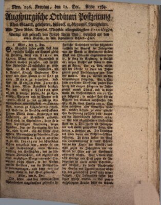 Augsburgische Ordinari Postzeitung von Staats-, gelehrten, historisch- u. ökonomischen Neuigkeiten (Augsburger Postzeitung) Freitag 11. Dezember 1789