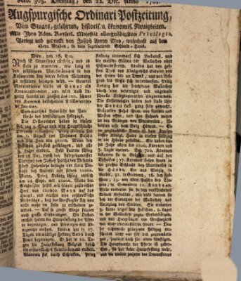 Augsburgische Ordinari Postzeitung von Staats-, gelehrten, historisch- u. ökonomischen Neuigkeiten (Augsburger Postzeitung) Dienstag 22. Dezember 1789