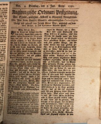 Augsburgische Ordinari Postzeitung von Staats-, gelehrten, historisch- u. ökonomischen Neuigkeiten (Augsburger Postzeitung) Dienstag 5. Januar 1790