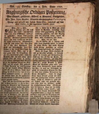 Augsburgische Ordinari Postzeitung von Staats-, gelehrten, historisch- u. ökonomischen Neuigkeiten (Augsburger Postzeitung) Dienstag 9. Februar 1790