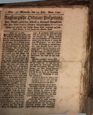 Augsburgische Ordinari Postzeitung von Staats-, gelehrten, historisch- u. ökonomischen Neuigkeiten (Augsburger Postzeitung) Mittwoch 24. Februar 1790