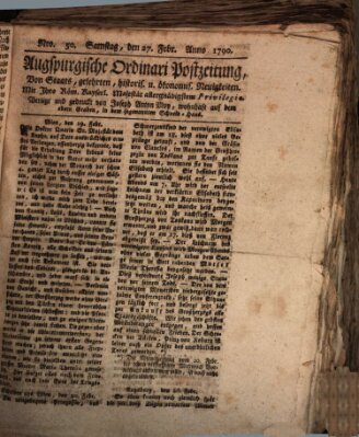 Augsburgische Ordinari Postzeitung von Staats-, gelehrten, historisch- u. ökonomischen Neuigkeiten (Augsburger Postzeitung) Samstag 27. Februar 1790