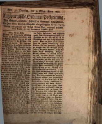 Augsburgische Ordinari Postzeitung von Staats-, gelehrten, historisch- u. ökonomischen Neuigkeiten (Augsburger Postzeitung) Dienstag 2. März 1790